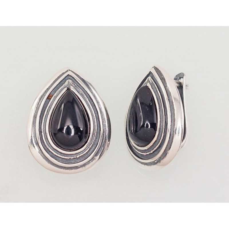 925°, Silver earrings with english lock, Onix , 2202871(POx-Bk)_ON-2