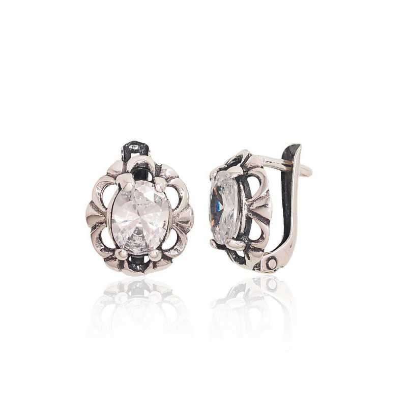 925°, Silver earrings with english lock, Zirkons , 2201118(POx-Bk)_CZ