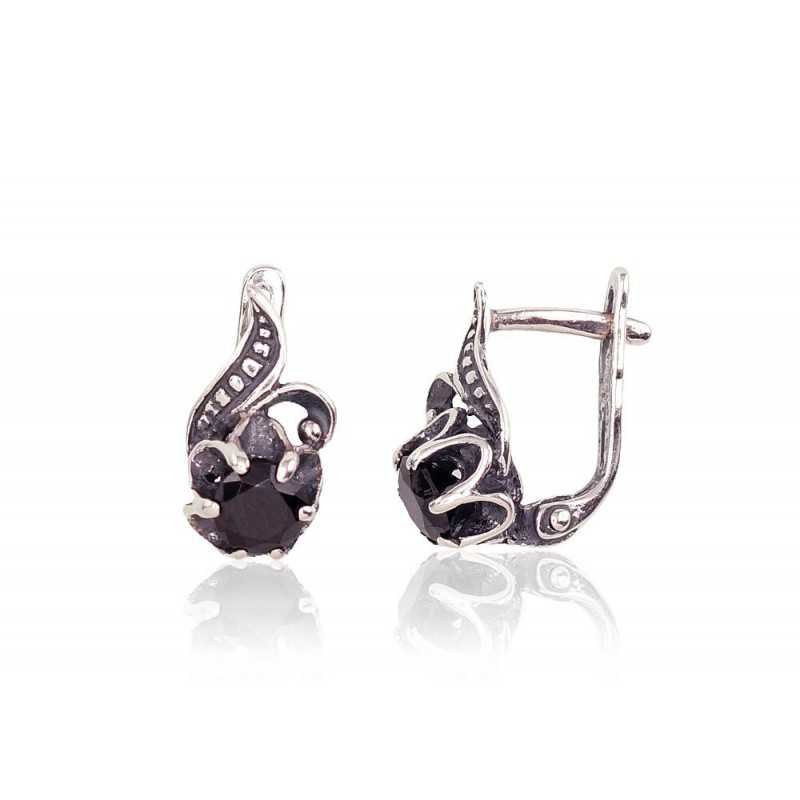 925°, Silver earrings with english lock, Zirkons , 2201695(POx-Bk)_CZ-BK
