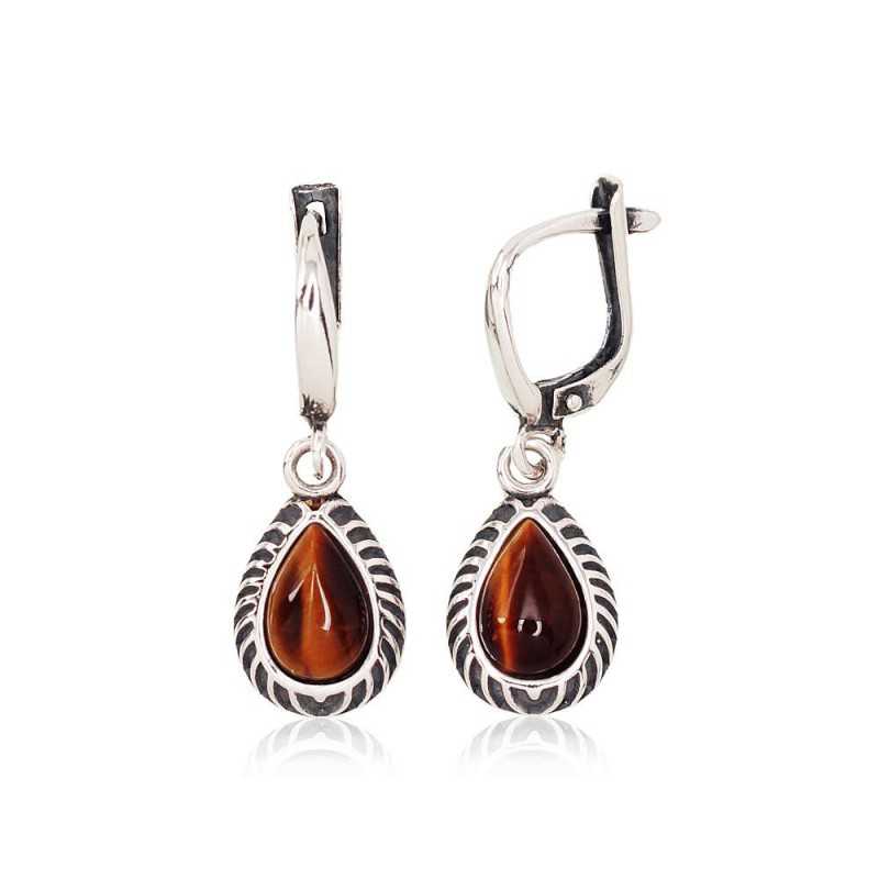 925°, Silver earrings with english lock, Tiger eye , 2202176(POx-Bk)_TE