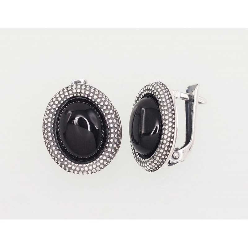 925°, Silver earrings with english lock, Onix , 2202858(POx-Bk)_ON-2