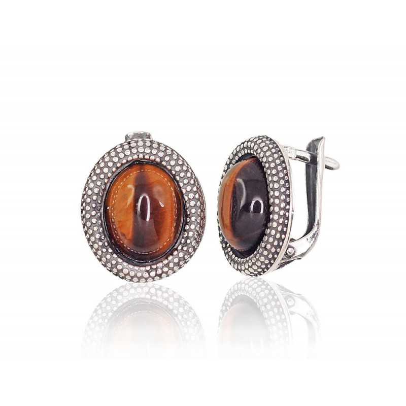 925°, Silver earrings with english lock, Tiger eye , 2202858(POx-Bk)_TE