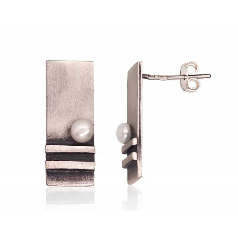 925° Silver Stud Earrings, Silver, Fresh-water Pearl , 2203502(Matt+POx-MattBk)_PE
