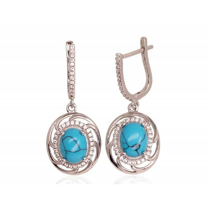 925°, Silver earrings with english lock, Zirkons , Turquoise , 2203484(PRh-Gr)_CZ+TRX