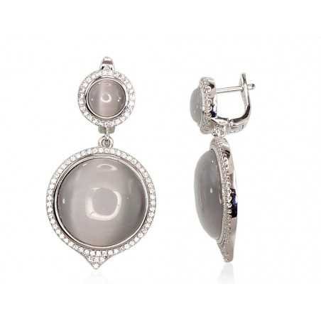 925°, Silver earrings with english lock, Zirkons , Cat eye , 2201244(PRh-Gr)_CZ+CESN-GR
