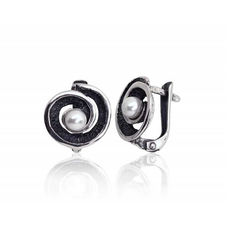 925°, Silver earrings with english lock, Fresh-water Pearl , 2202154(POx-Bk)_PESN