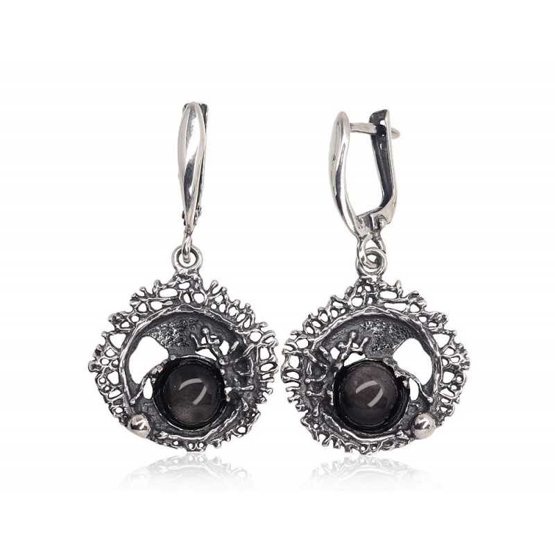 925°, Silver earrings with english lock, Obsidian , 2202203(POx-Bk)_OB