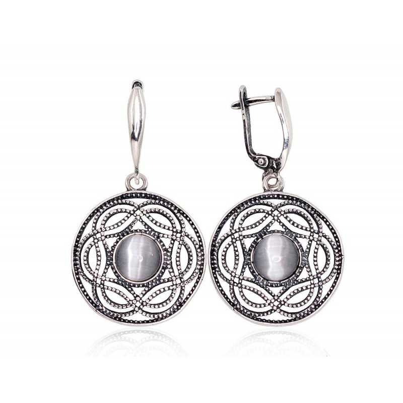 925°, Silver earrings with english lock, Cat eye , 2203236(POx-Bk)_CESN-W