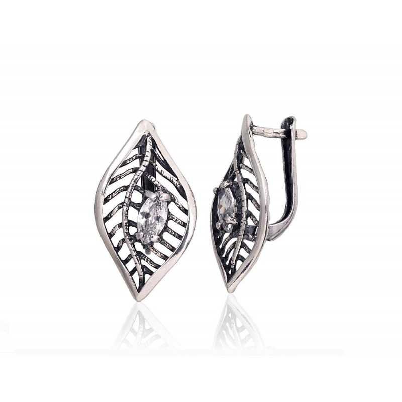 925°, Silver earrings with english lock, Zirkons , 2201125(POx-Bk)_CZ