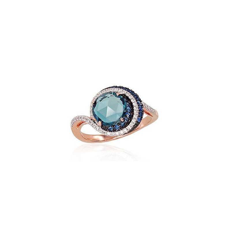 585° Gold ring, Stone: Diamonds, Sapphire, Blue Topaz, Type: With precious stones, 1100120(Au-R+PRh-W+PRh-Bk)_DI+SA+TZB