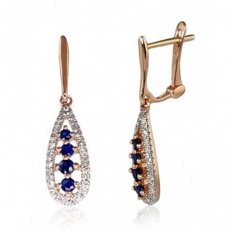 Gold earrings with english lock, 585°, Diamonds, Sapphire, 1200385(Au-R+PRh-W)_DI+SA