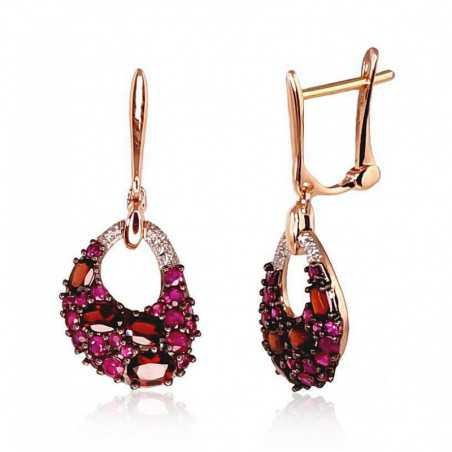 Gold earrings with english lock, 585°, Diamonds, Ruby, Garnet, 1200391(Au-R+PRh-W+PRh-Bk)_DI+RB+GR
