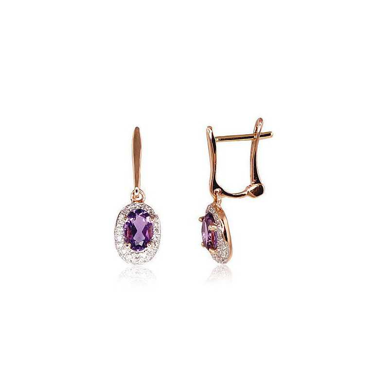 Gold earrings with english lock, 585°, Diamonds, Amethyst, 1200392(Au-R+PRh-W)_DI+AM