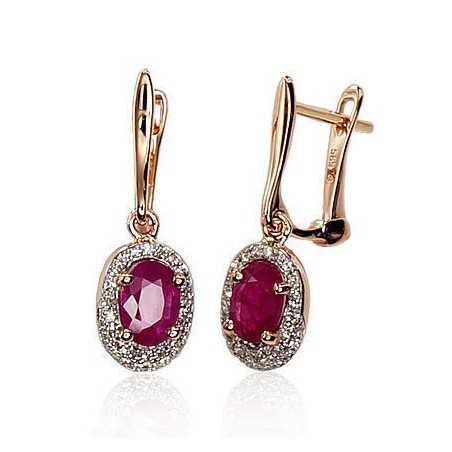 Gold earrings with english lock, 585°, Diamonds, Ruby, 1200392(Au-R+PRh-W)_DI+RB