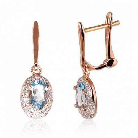 Gold earrings with english lock, 585°, Diamonds, Blue Topaz , 1200392(Au-R+PRh-W)_DI+TZLB