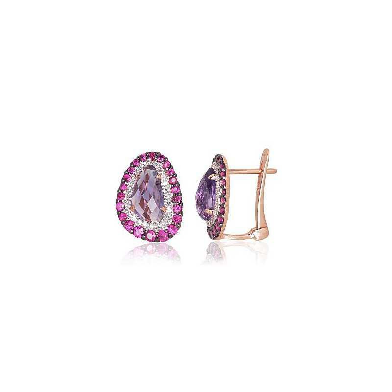 Gold earrings with english lock, 585°, Diamonds, Ruby, Amethyst, 1200502(Au-R+PRh-W+PRh-Bk)_DI+RB+AM