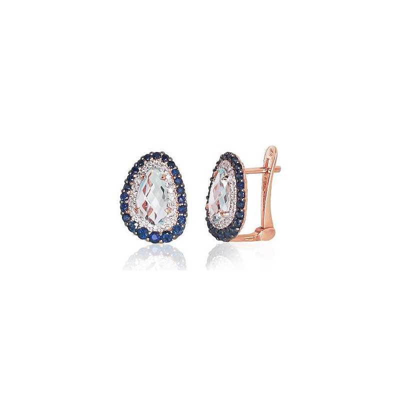 Gold earrings with english lock, 585°, Diamonds, Sapphire, , 1200502(Au-R+PRh-W+PRh-Bk)_DI+SA+TZLB