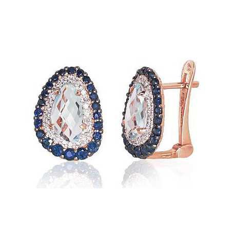 Gold earrings with english lock, 585°, Diamonds, Sapphire, , 1200502(Au-R+PRh-W+PRh-Bk)_DI+SA+TZLB