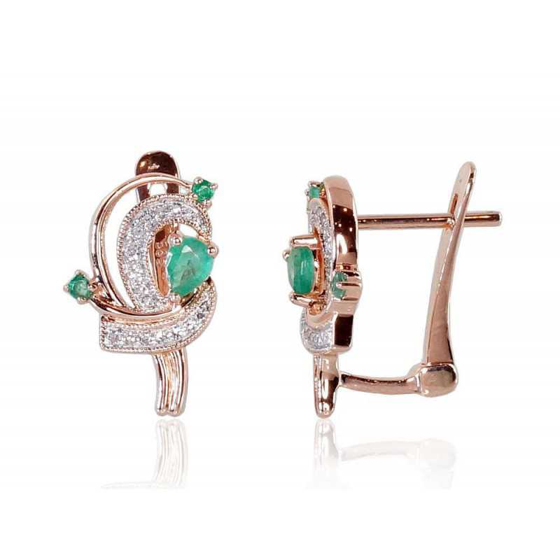 Gold earrings with english lock, 585°, Diamonds, Emerald, 1200503(Au-R+PRh-W)_DI+EM