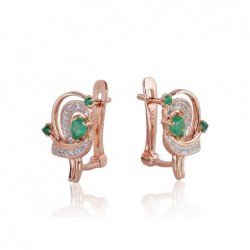 Gold earrings with english lock, 585°, Diamonds, Emerald, 1200503(Au-R+PRh-W)_DI+EM