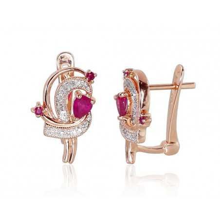 Gold earrings with english lock, 585°, Diamonds, Ruby, 1200503(Au-R+PRh-W)_DI+RB