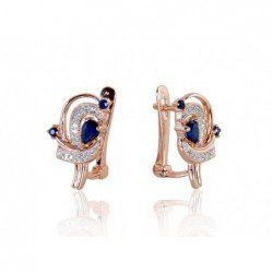Gold earrings with english lock, 585°, Diamonds, Sapphire, 1200503(Au-R+PRh-W)_DI+SA