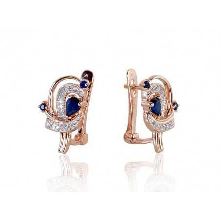 Gold earrings with english lock, 585°, Diamonds, Sapphire, 1200503(Au-R+PRh-W)_DI+SA