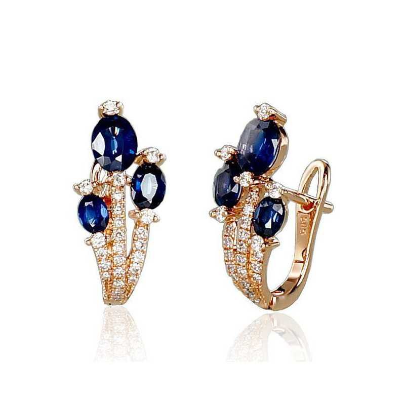 Gold earrings with english lock, 585°, Diamonds, Sapphire, 1200504(Au-R)_DI+SA