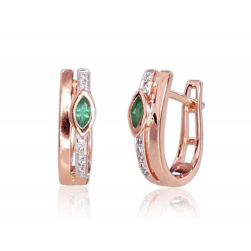 Gold earrings with english lock, 585°, Diamonds, Emerald, 1200713(Au-R+PRh-W)_DI+EM