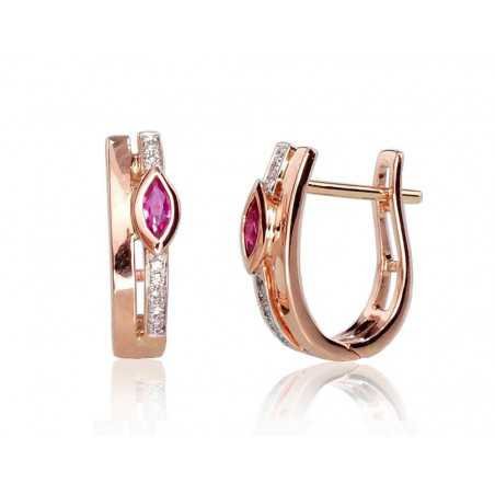 Gold earrings with english lock, 585°, Diamonds, Ruby, 1200713(Au-R+PRh-W)_DI+RB