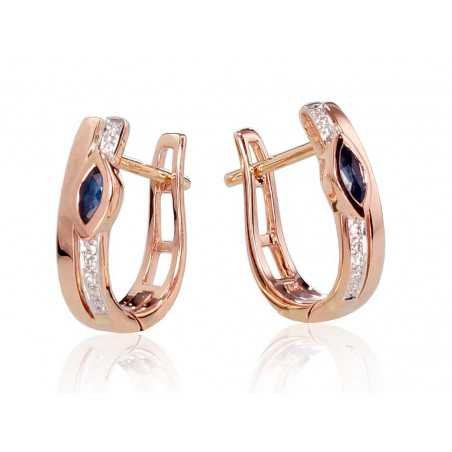 Gold earrings with english lock, 585°, Diamonds, Sapphire, 1200713(Au-R+PRh-W)_DI+SA