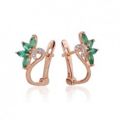 Gold earrings with english lock, 585°, Diamonds, Emerald, 1200717(Au-R+PRh-W)_DI+EM