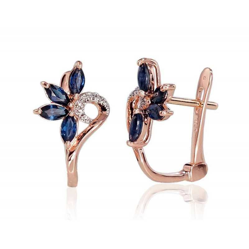 Gold earrings with english lock, 585°, Diamonds, Sapphire, 1200717(Au-R+PRh-W)_DI+SA
