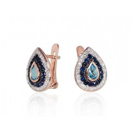 Gold earrings with english lock, 585°, Diamonds, Sapphire, Blue Topaz, 1200792(Au-R+PRh-W+PRh-Bk)_DI+SA+TZB