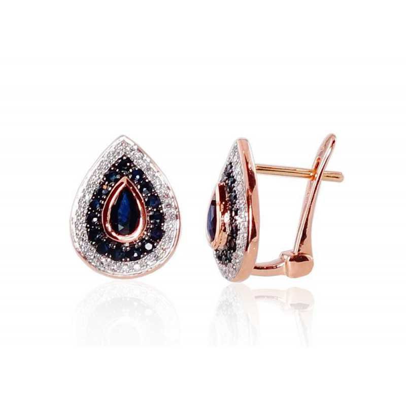 Gold earrings with english lock, 585°, Diamonds, Sapphire, 1200792(Au-R+PRh-W+PRh-Bk)_DI+SA