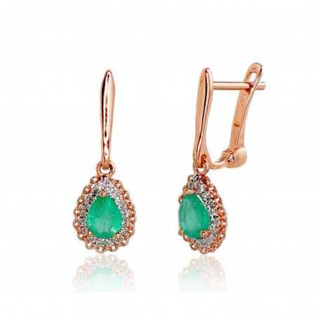 Gold earrings with english lock, 585°, Diamonds, Emerald, 1200799(Au-R+PRh-W)_DI+EM