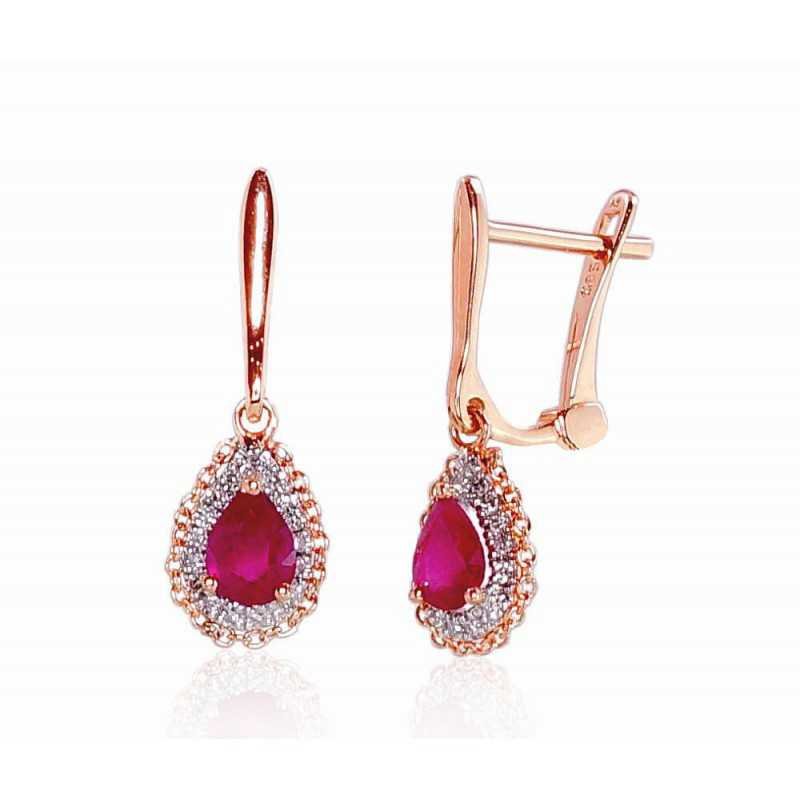 Gold earrings with english lock, 585°, Diamonds, Ruby, 1200799(Au-R+PRh-W)_DI+RB