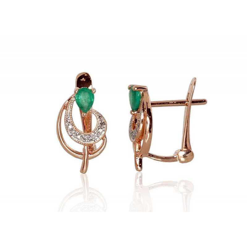 Gold earrings with english lock, 585°, Diamonds, Emerald, 1200806(Au-R+PRh-W)_DI+EM