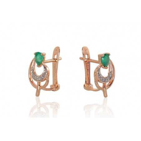 Gold earrings with english lock, 585°, Diamonds, Emerald, 1200806(Au-R+PRh-W)_DI+EM