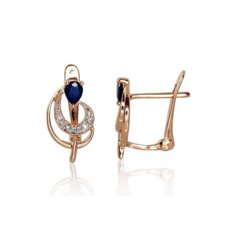 Gold earrings with english lock, 585°, Diamonds, Sapphire, 1200806(Au-R+PRh-W)_DI+SA