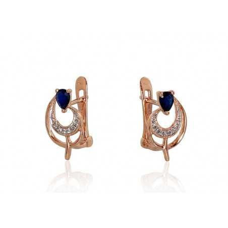 Gold earrings with english lock, 585°, Diamonds, Sapphire, 1200806(Au-R+PRh-W)_DI+SA