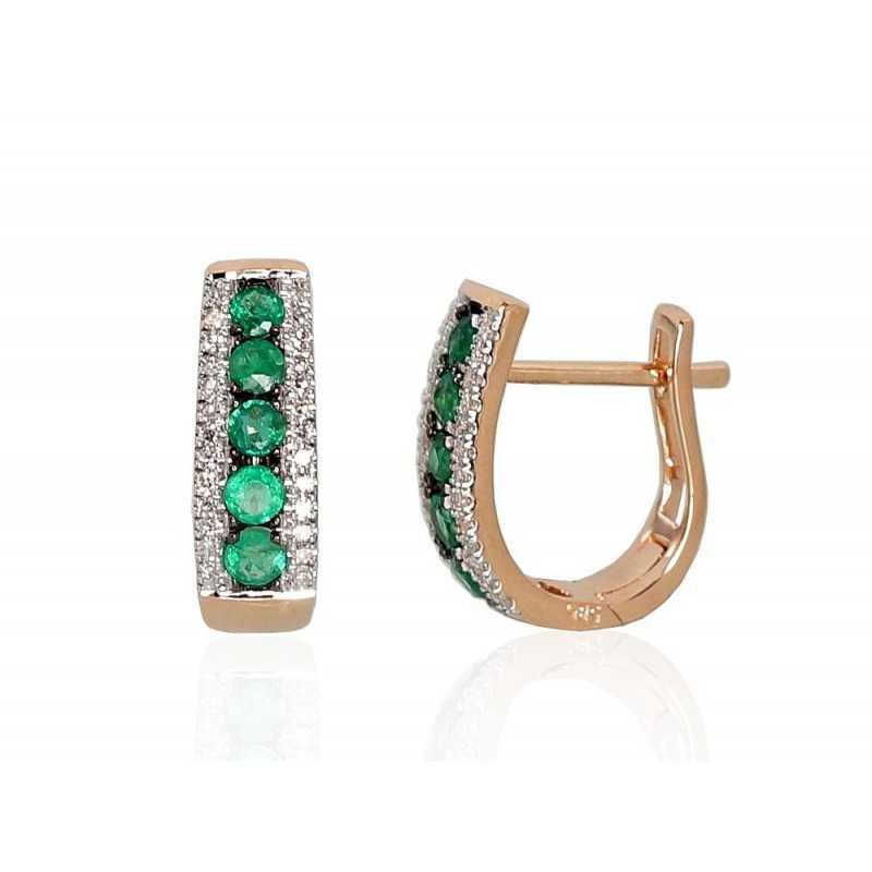 Gold earrings with english lock, 585°, Diamonds, Emerald, 1200970(Au-R+PRh-W+PRh-Bk)_DI+EM