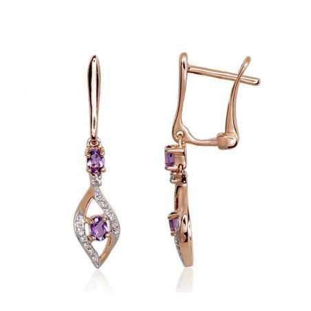 Gold earrings with english lock, 585°, Diamonds, Amethyst, 1200972(Au-R+PRh-W)_DI+AM