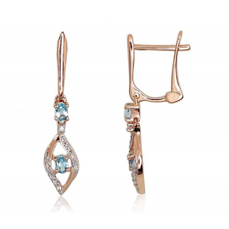Gold earrings with english lock, 585°, Diamonds, Blue Topaz , 1200972(Au-R+PRh-W)_DI+TZB