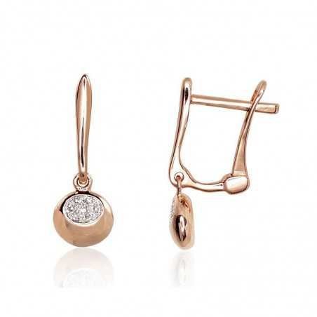 Gold earrings with english lock, 585°, Diamonds, 1200973(Au-R+PRh-W)_DI