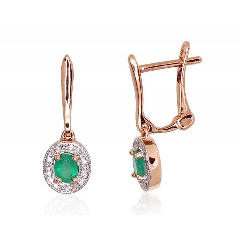 Gold earrings with english lock, 585°, Diamonds, Emerald, 1200975(Au-R+PRh-W)_DI+EM