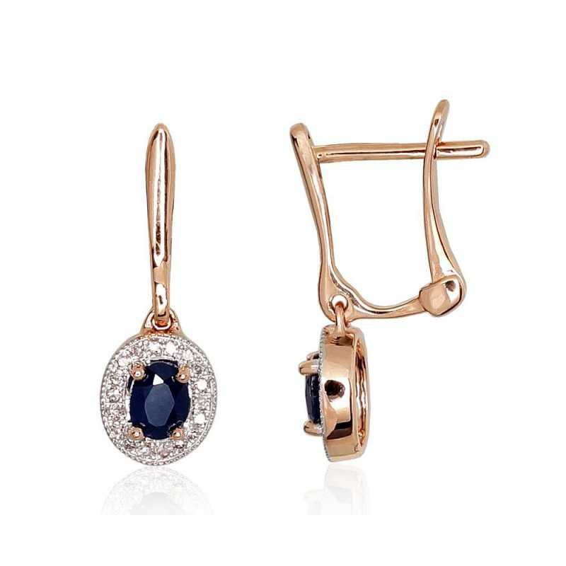 Gold earrings with english lock, 585°, Diamonds, Sapphire, 1200975(Au-R+PRh-W)_DI+SA