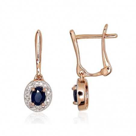 Gold earrings with english lock, 585°, Diamonds, Sapphire, 1200975(Au-R+PRh-W)_DI+SA