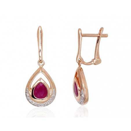 Gold earrings with english lock, 585°, Diamonds, Ruby, 1200977(Au-R+PRh-W)_DI+RB