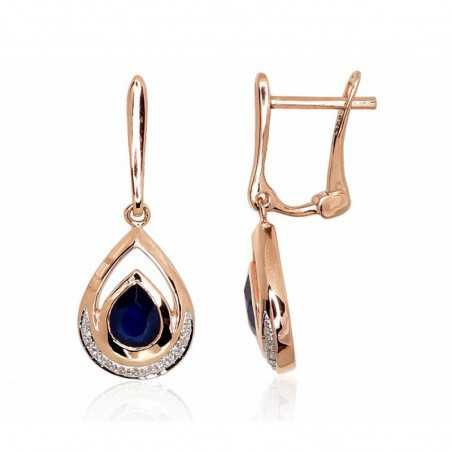 Gold earrings with english lock, 585°, Diamonds, Sapphire, 1200977(Au-R+PRh-W)_DI+SA